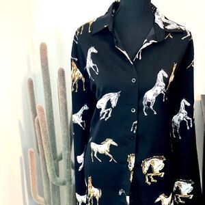 Vintage Horse Print Long Sleeve Button Down Blouse